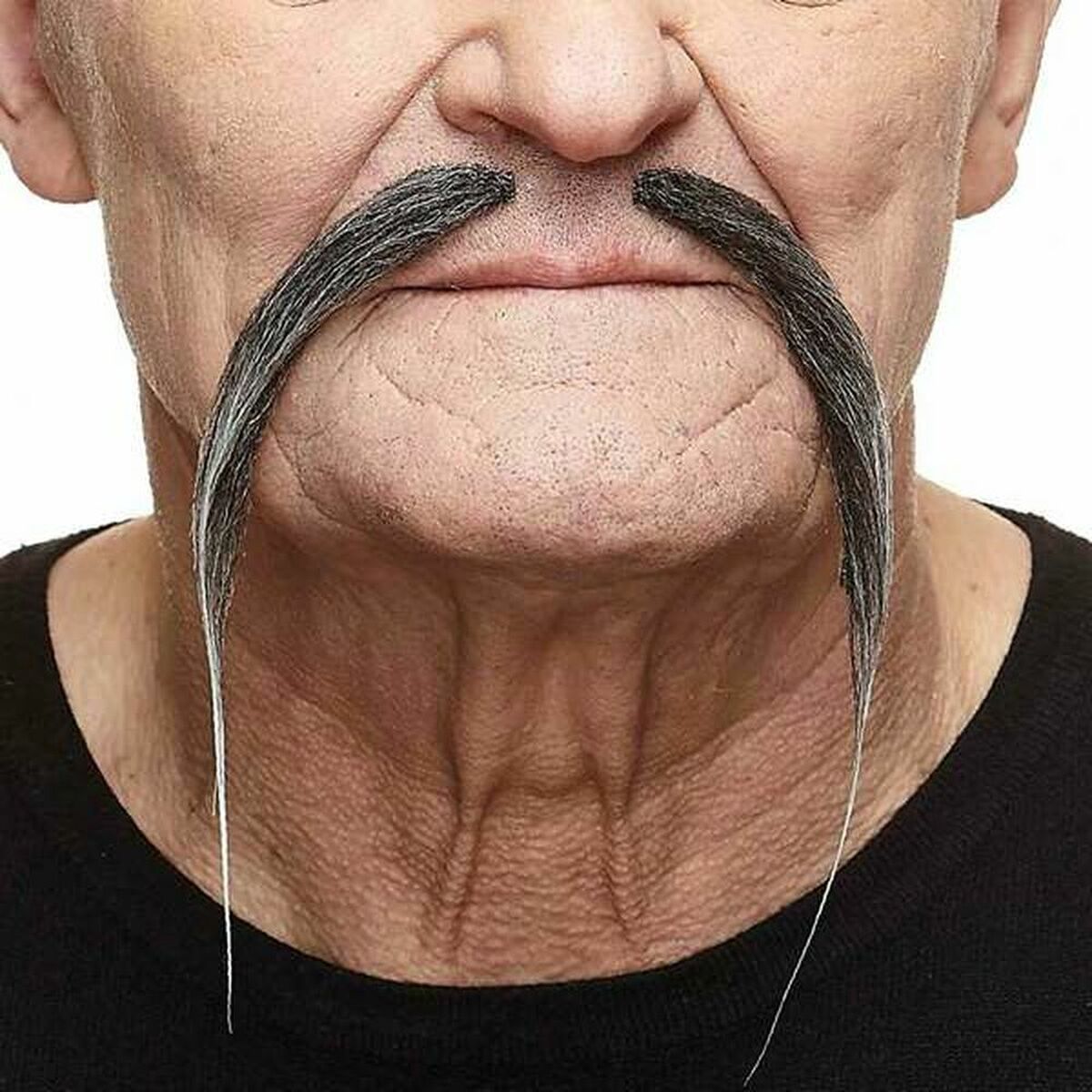 En närbild på en man som bär en lång, grå mustasch med långa strån som hänger ner på sidorna om munnen.