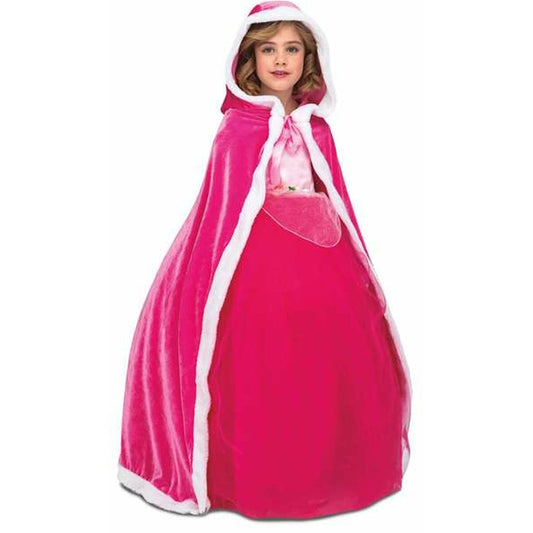 Ett litet barn klädd i en lyxig, ceriserosa prinsessdräkt med en lång mantel och matchande huva kantad med vit fuskpäls.