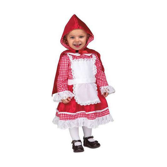 En glad bebis klädd i en Rödluvan-maskeraddräkt med röd rutig klänning, vitt spetsförkläde och en röd huva/mantel.