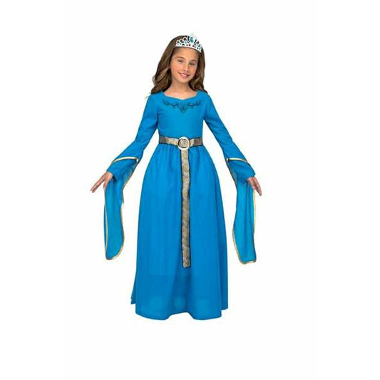 Ett glatt barn i en långärmad, kungsblå medeltida prinsessklänning med gulddetaljer och ett dekorativt bälte, komplett med ett tiara på huvudet.