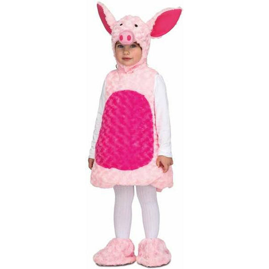 Ett litet barn poserar i en mjuk och fluffig rosa Nasse-maskeraddräkt med en stor, mörkrosa mage och matchande huva med grisöron.