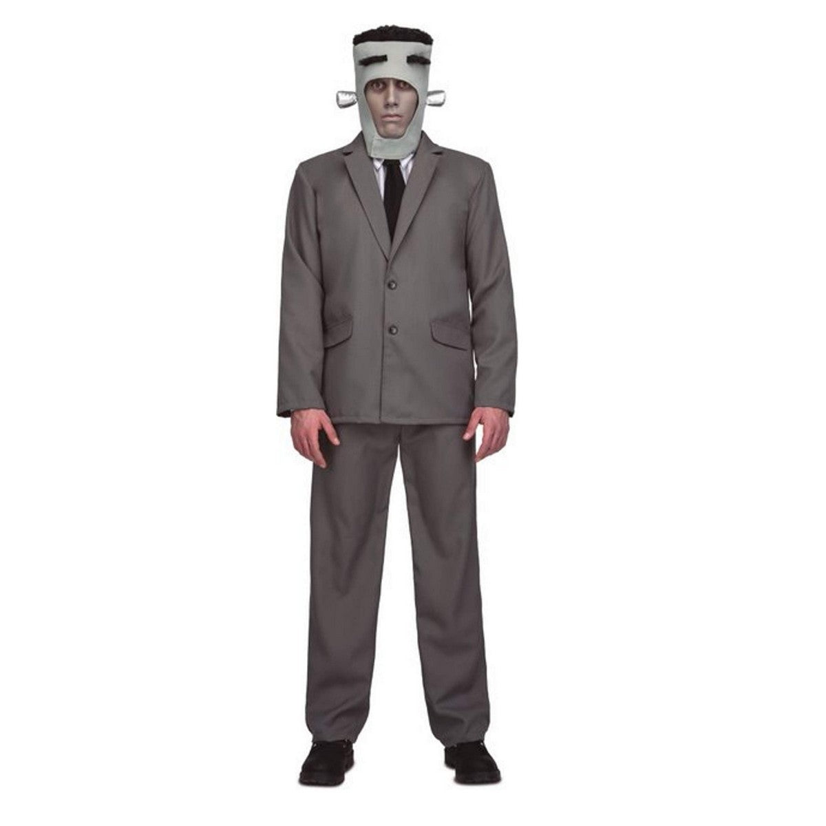 En vuxen person iklädd en grå kostym och en grå mask som liknar Frankensteins monster med synliga bultar på sidorna.