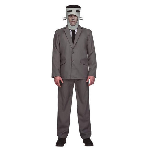 En vuxen person iklädd en grå kostym och en grå mask som liknar Frankensteins monster med synliga bultar på sidorna.