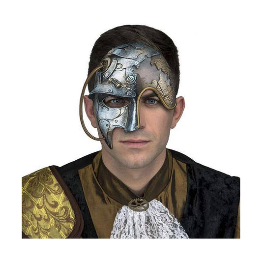 En man bär en detaljerad Steampunk-mask som täcker halva ansiktet med silverfärgad metall, synliga kugghjul och en kopparfärgad slang.