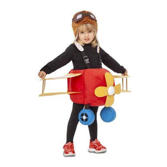 Ett litet barn i en röd plysch-maskeraddräkt formad som ett flygplan med gula vingar och propeller, komplett med en brun pilotmössa med goggles.