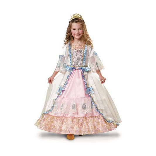 Ett glatt barn i en vit och rosa romantisk prinsessdräkt med blåa och guldiga detaljer samt ett guldfärgat diadem på huvudet.