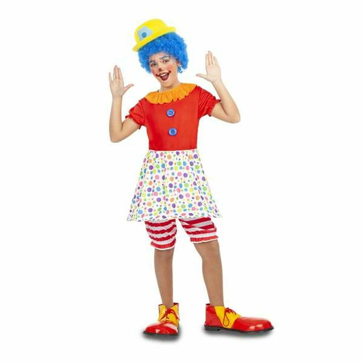 Ett glatt barn i en färgglad unisex clownmaskeraddräkt med blå peruk, gul hatt, röd topp, prickig kjol och randiga shorts.