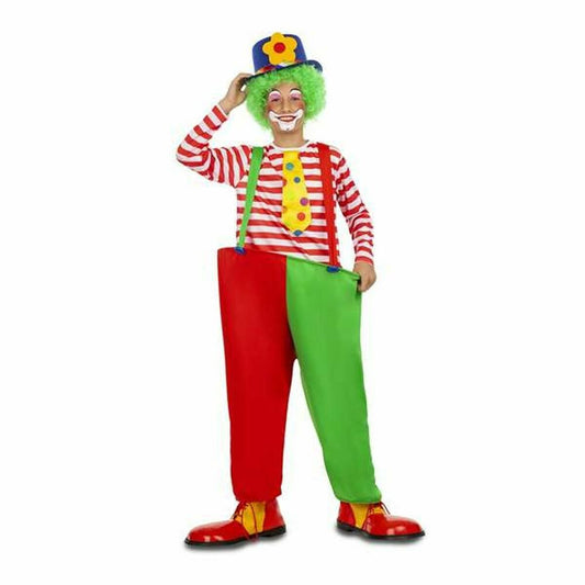 Ett barn klädd i en färgglad och komisk clownmaskeraddräkt med randig tröja, rödgröna byxor och en liten hatt.