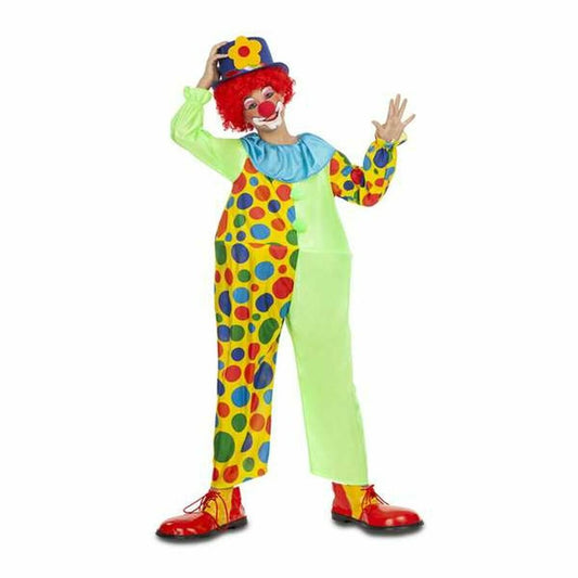 Ett barn poserar i en färgglad clownmaskeraddräkt där ena sidan är limegrön och den andra är gul med röda, blå och gröna prickar. Barnet bär en peruk och en liten hatt.