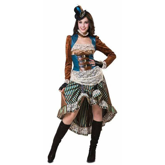 En kvinna poserar i en detaljerad Steampunk-maskeraddräkt som inkluderar en högklackad kjol med ränder och spets, en korsett med bruna detaljer, en brun jacka och en liten hatt.