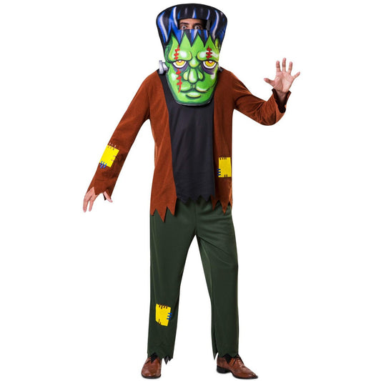 En vuxen person poserar i en Zombie Frankenstein-maskeraddräkt med en stor grön mask, brun kavaj med gula lappar och mörkgröna byxor.