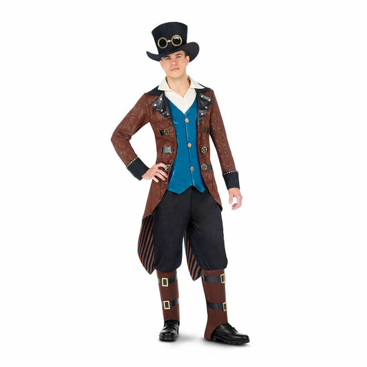 Man klädd i en brun och blå Steampunk-maskeraddräkt som inkluderar en höghatt med googles, en mönstrad brun jacka över en blå väst, svarta byxor och bruna benskydd.