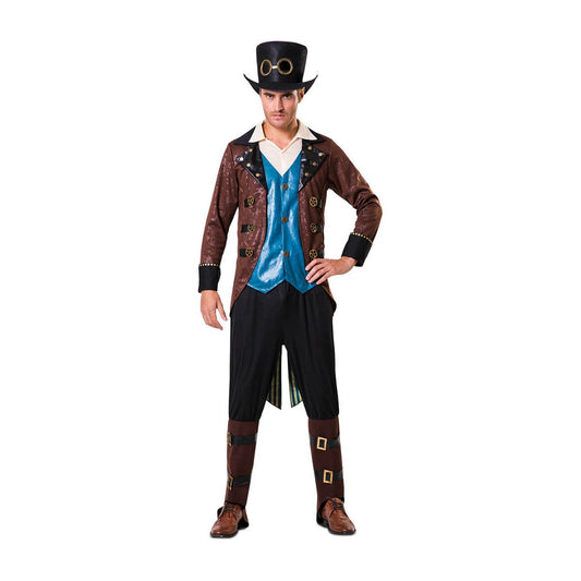 En man i helfigur bär en steampunk-maskeraddräkt som inkluderar en brun kavaj med turkosblå väst, svarta byxor och en svart hög hatt dekorerad med runda glasögonlinser.
