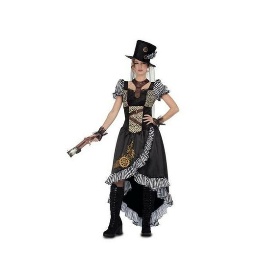Kvinna iklädd en svart och brun Steampunk-maskeraddräkt som inkluderar klänning med volanger, hög hatt och handledsmuddar.