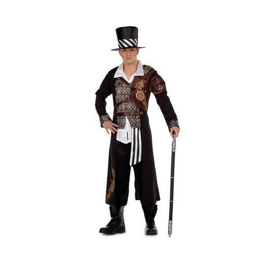 Ett barn poserar i en detaljerad Steampunk-maskeraddräkt som inkluderar en lång svart rock med mönstrad väst, och en randig höghatt.