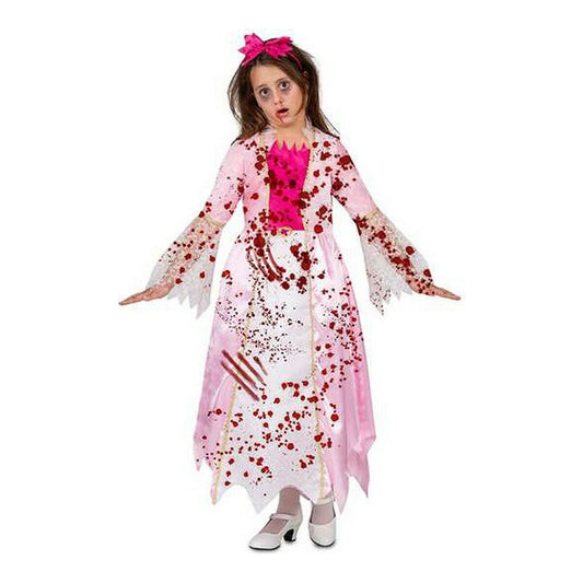 Ett barn i en lång, rosa och vit zombie-prinsessdräkt täckt av röda blodstänk, med en rosa rosett i håret.