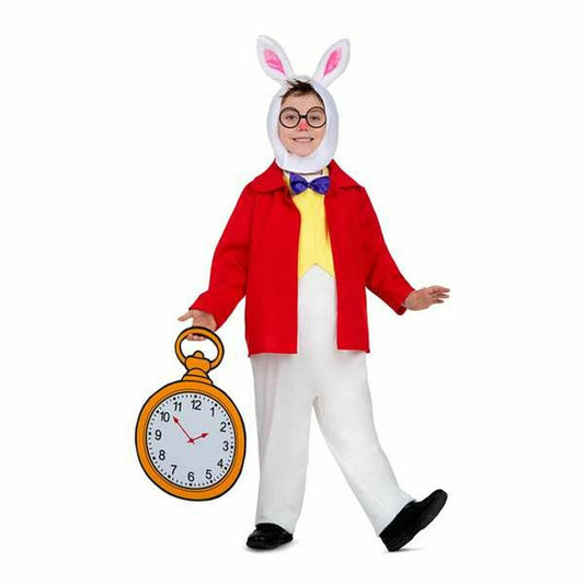 Ett barn klätt i en maskeraddräkt som föreställer Vita Kaninen från Alice i Underlandet, komplett med vit jumpsuit, röd jacka, kaninhjälm och en stor guldfärgad fickur.