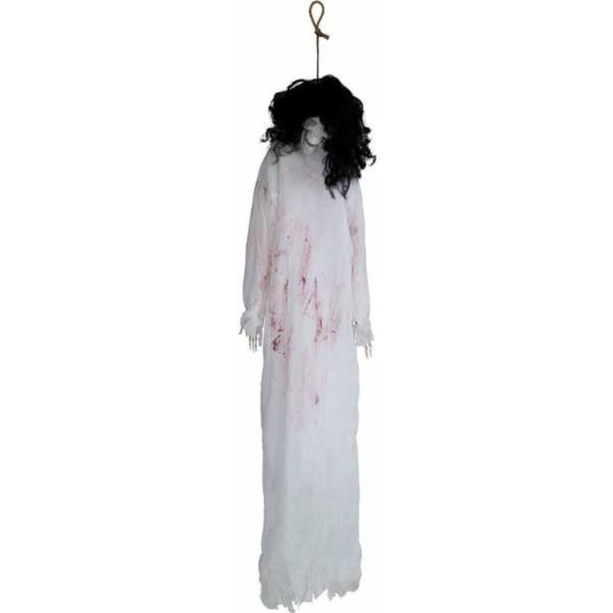 En stor, hängande Halloween-dekoration föreställande ett spöklikt skelett i en blodfläckad vit klänning med tjockt, svart hår.