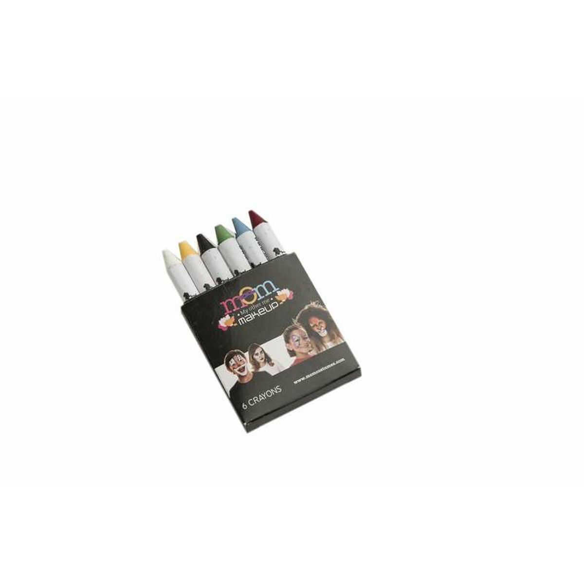 En svart förpackning med sex tjocka, vita, gula, svarta, gröna, blåa och röda sminkkritor från My Other Me Makeup, med exempelbilder på ansiktsmålningar på framsidan.