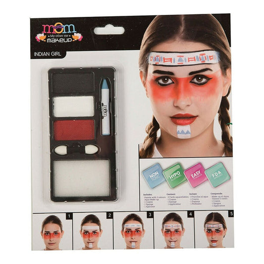 Närbild på ett barnsminkset med titeln 'Indian Girl' som visar en palett med tre färger, en vit krita, och en bild på en modell som visar hur sminket appliceras.