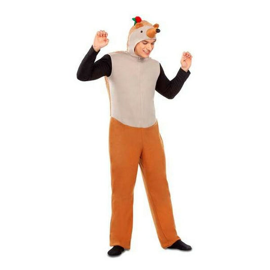 En man poserar i en komplett igelkott-maskeraddräkt som är brun och beige, med en huva som har igelkottens ansikte och små öron.