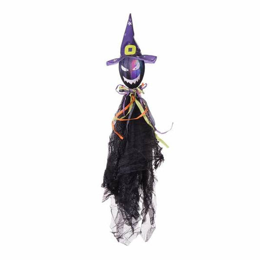 En hängande Halloween-dekoration föreställande en figur med ett lysande, grinande ansikte, klädd i en lila häxhatt och en trasig svart tygkropp med färgglada band.