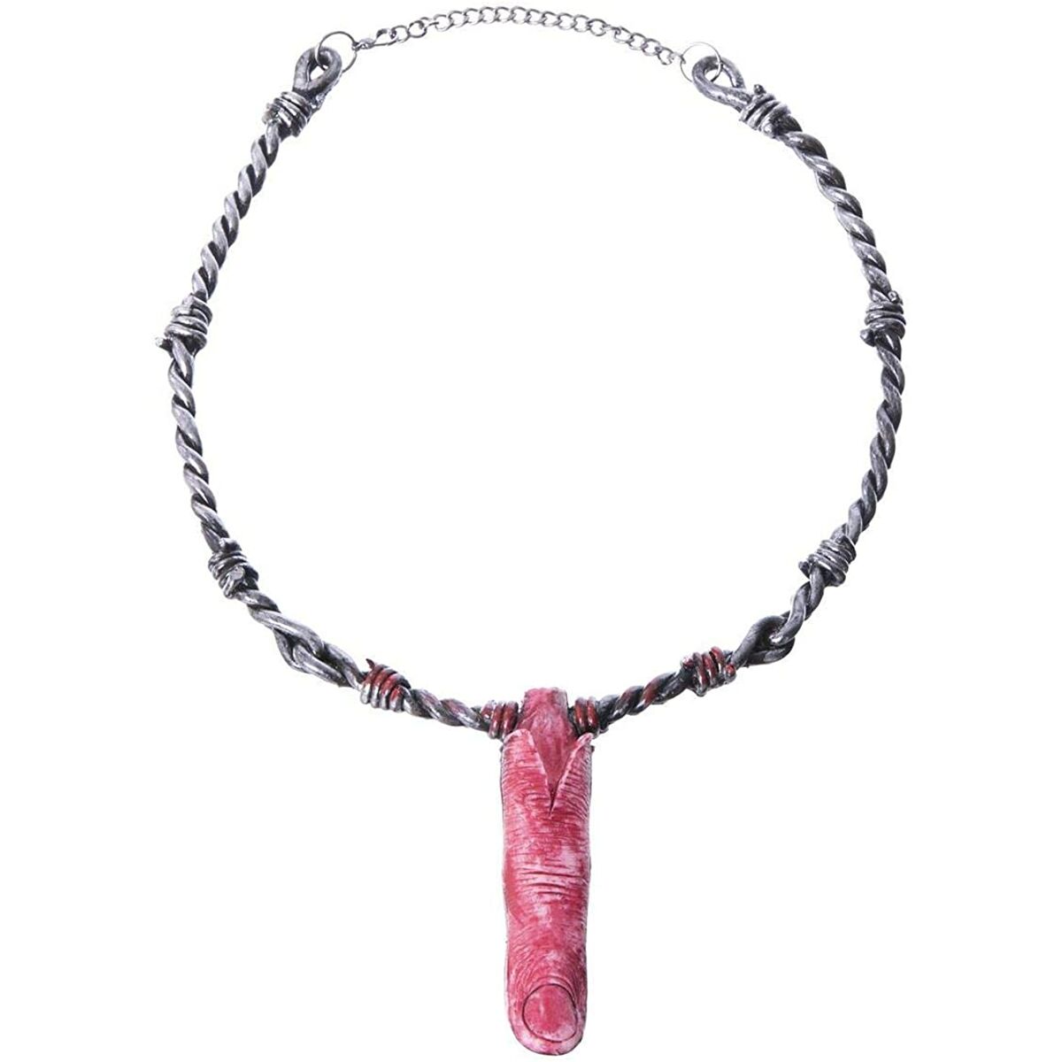 Ett makabert halsband med en kedja som liknar tvinnad taggtråd och ett realistiskt, rosa avhugget finger som hänge, perfekt för Halloween.