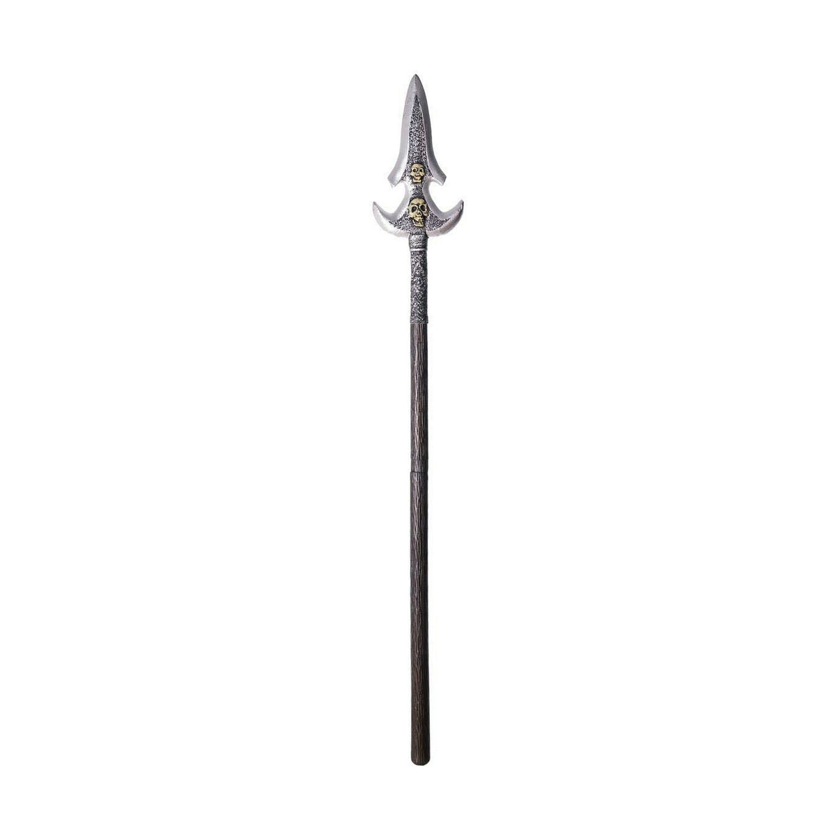 Ett långt, mörkt spjut med ett silverfärgat spjutblad dekorerat med små skallar, som har en avtagbar funktion.