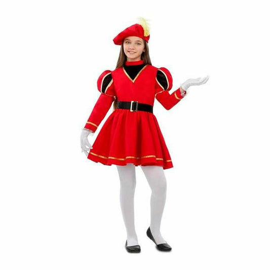 En glad flicka i åldern 3-4 år bär en röd maskeraddräkt som liknar en höstack med puffärmar, svart bälte och en röd basker med gul fjäder.