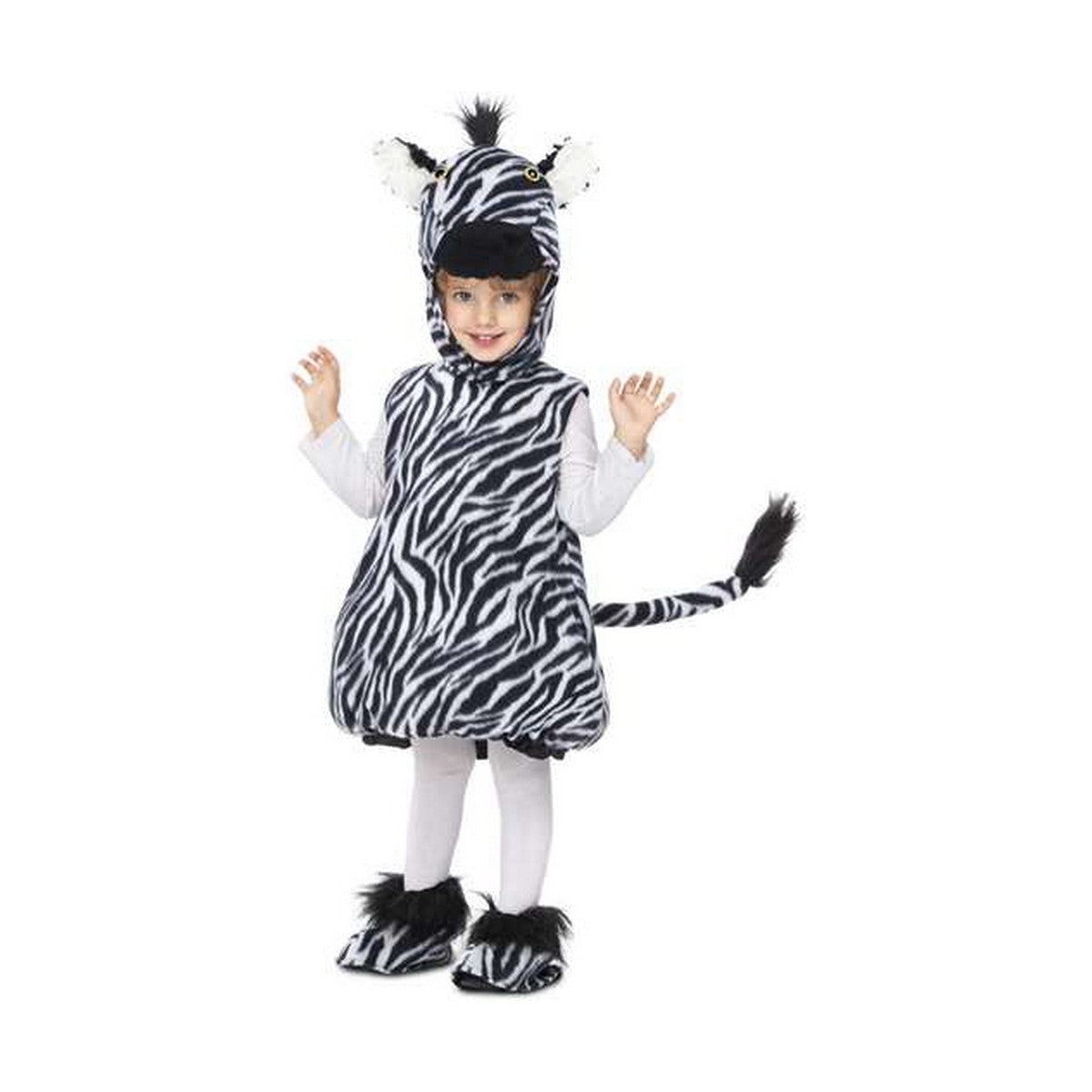 Ett litet barn i en gullig zebradräkt med kapuschong, stövelskydd och svans.