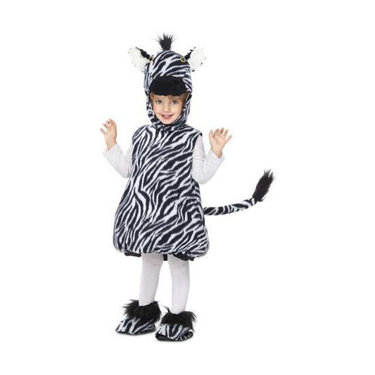 Ett litet barn i en gullig zebradräkt med kapuschong, stövelskydd och svans.