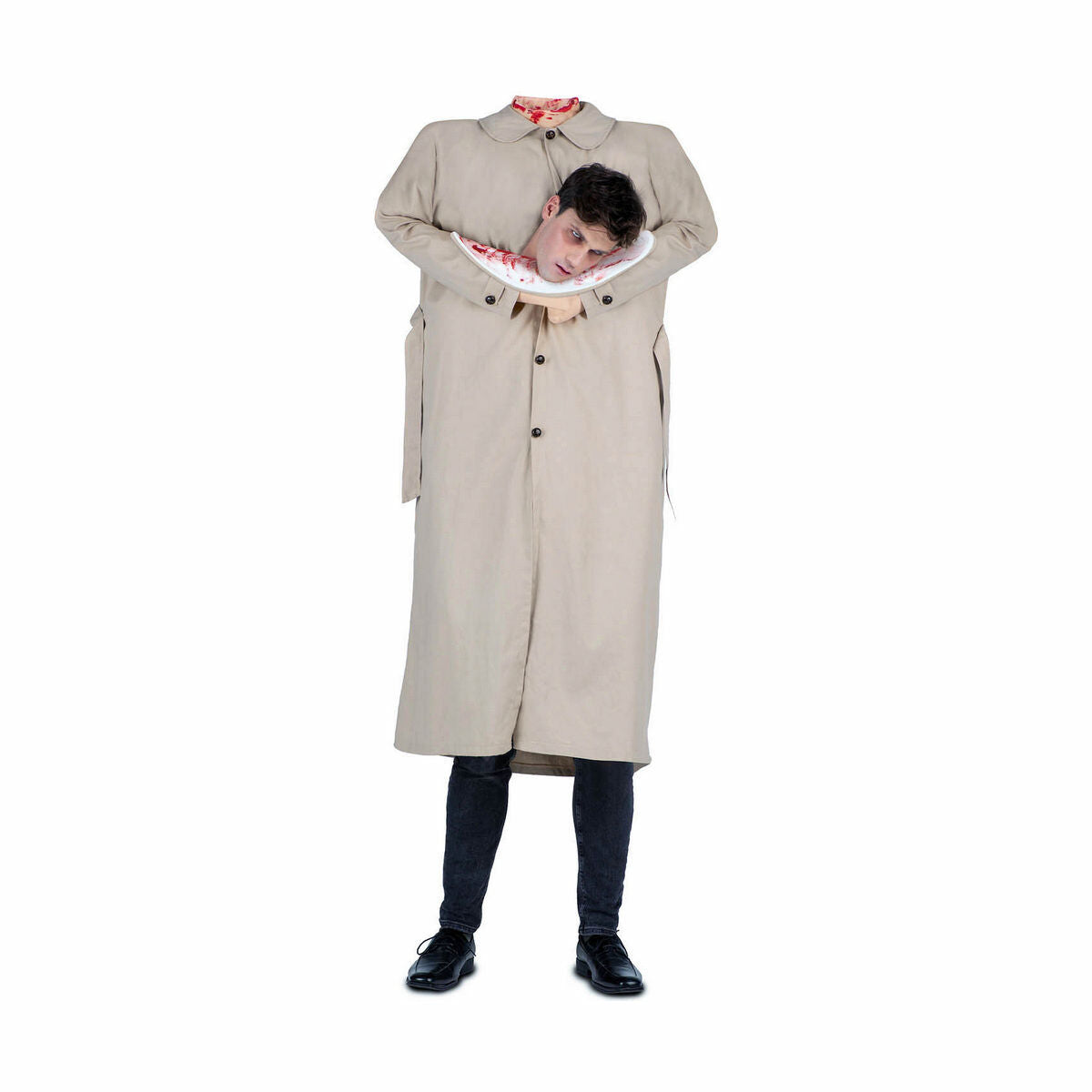 En vuxenmaskeraddräkt som föreställer en man i en beige trenchcoat, där hans huvud ser ut att vara avhugget och hålls uppe av hans egna armar på en tallrik.