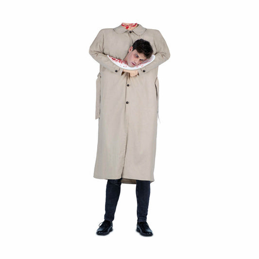En vuxenmaskeraddräkt som föreställer en man i en beige trenchcoat, där hans huvud ser ut att vara avhugget och hålls uppe av hans egna armar på en tallrik.