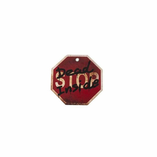 En röd, åttkantig stoppskylt med sliten finish där texten "Stop Dead Inside" är skriven i svart kladdig stil.