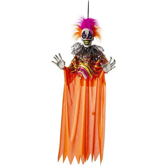 En hög, hängande skräckclown med neonrosa och orange hår, vit/svart mask och långt orange tyg som draperar neråt.