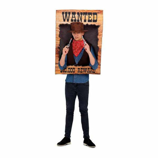 En person bär en rolig cowboy-maskeraddräkt som ser ut som en stor efterlysningstavla med texten 'WANTED' och ett foto av en beväpnad cowboy.