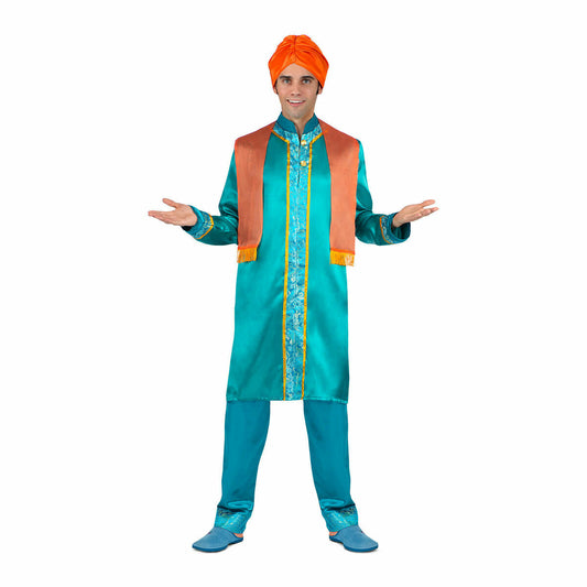 Man i en Turkost färgad indisk/hindu maskeraddräkt med orange turban, lång skjorta, byxor och halsdukar.