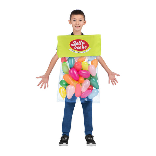 Ett barn poserar i en rolig och färgglad maskeraddräkt som ser ut som en stor påse Jelly Beans, komplett med ballonger inuti och en grön topp.