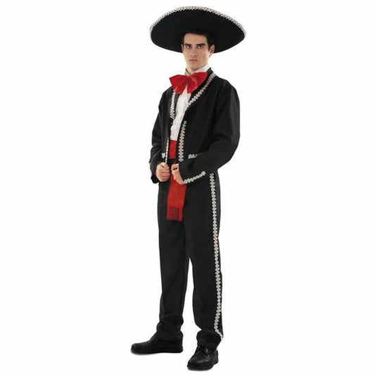 En man i en svart maskeraddräkt som föreställer en mexikansk mariachi, komplett med en stor svart hatt, röd fluga och rött midjeband.
