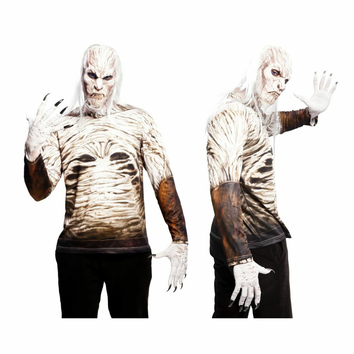 Man klädd i en långärmad maskeraddräktst-shirt som liknar den isiga, vita huden från en Walker, med bruna detaljer på underarmarna, poserande framifrån och i profil.