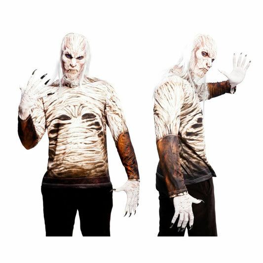 Man klädd i en långärmad maskeraddräktst-shirt som liknar den isiga, vita huden från en Walker, med bruna detaljer på underarmarna, poserande framifrån och i profil.