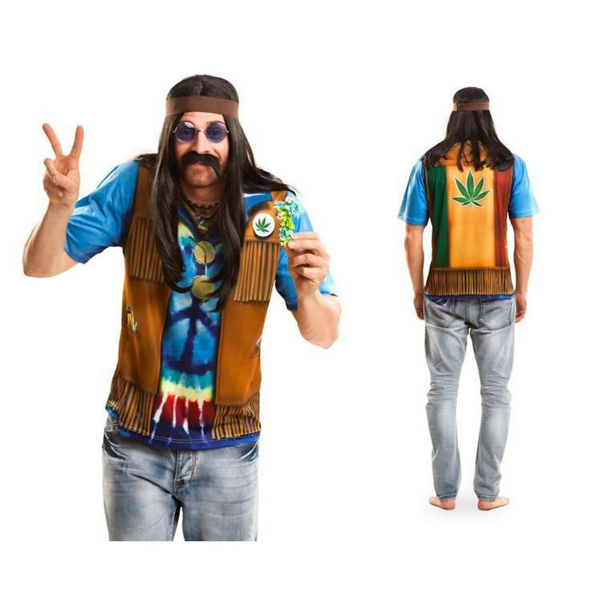 En man klädd i en färgglad hippie-dräkt med peruk och mustasch, som gör en fredstecken-gest.
