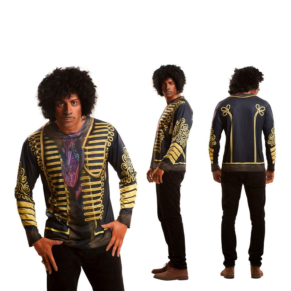 En man poserar i tre vinklar med en långärmad T-shirt som har ett tryck av en svart rockjacka dekorerad med guldfärgade militära galoner och en lila halsduk.