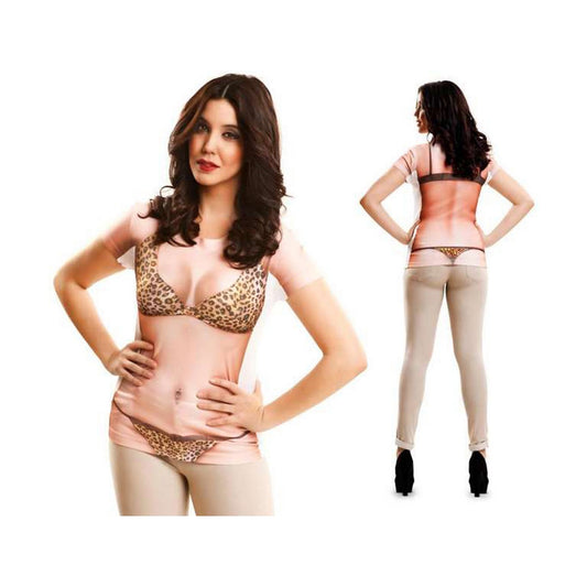 En kvinna visar fram- och baksidan av en t-shirt som är tryckt med illusionen av en sexig leopardmönstrad bikini/bh och stringtrosa.