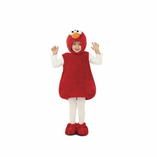 Ett litet barn iklädd en röd, mjuk Elmo-maskeraddräkt med matchande huva och skoöverdrag, stående mot en vit bakgrund.