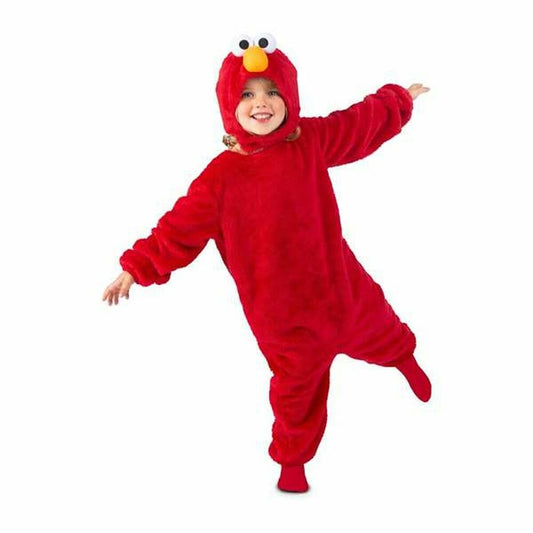Ett glatt barn poserar i en helröd, fluffig Elmo-maskeraddräkt med fast huva och stora ögon.