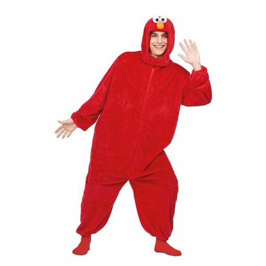 En leende vuxen person iklädd en helkropps, röd, fluffig Elmo-maskeraddräkt med huva.