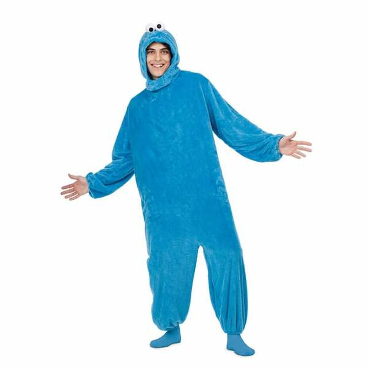 En glad vuxen man i en helkropps blå Cookie Monster maskeraddräkt med huva och stora ögon.
