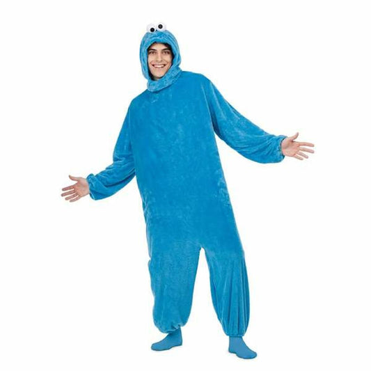 En glad vuxen man i en helkropps blå Cookie Monster maskeraddräkt med huva och stora ögon.