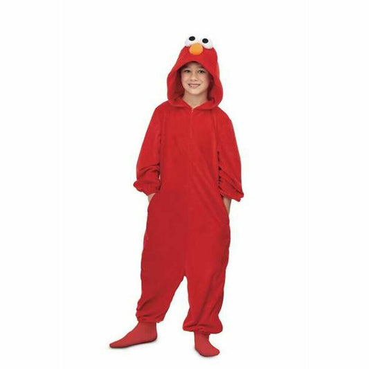 Ett barn klädd i en röd Elmo-maskeraddräkt med huva som har Elmos ögon och näsa.